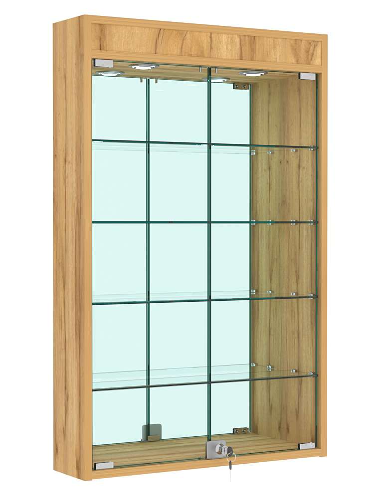 Витрина настенная №2-4А зеркальная с четырьмя полками и подсветкой Дуб Золотистый