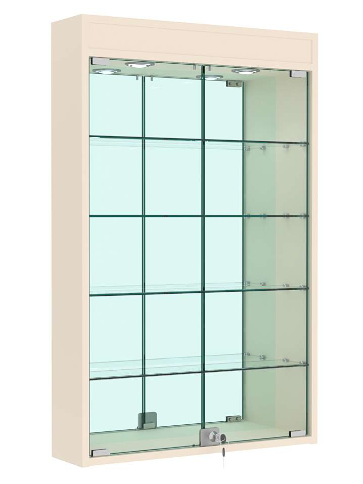 Витрина настенная №2-4А зеркальная с четырьмя полками и подсветкой Крем Вайс