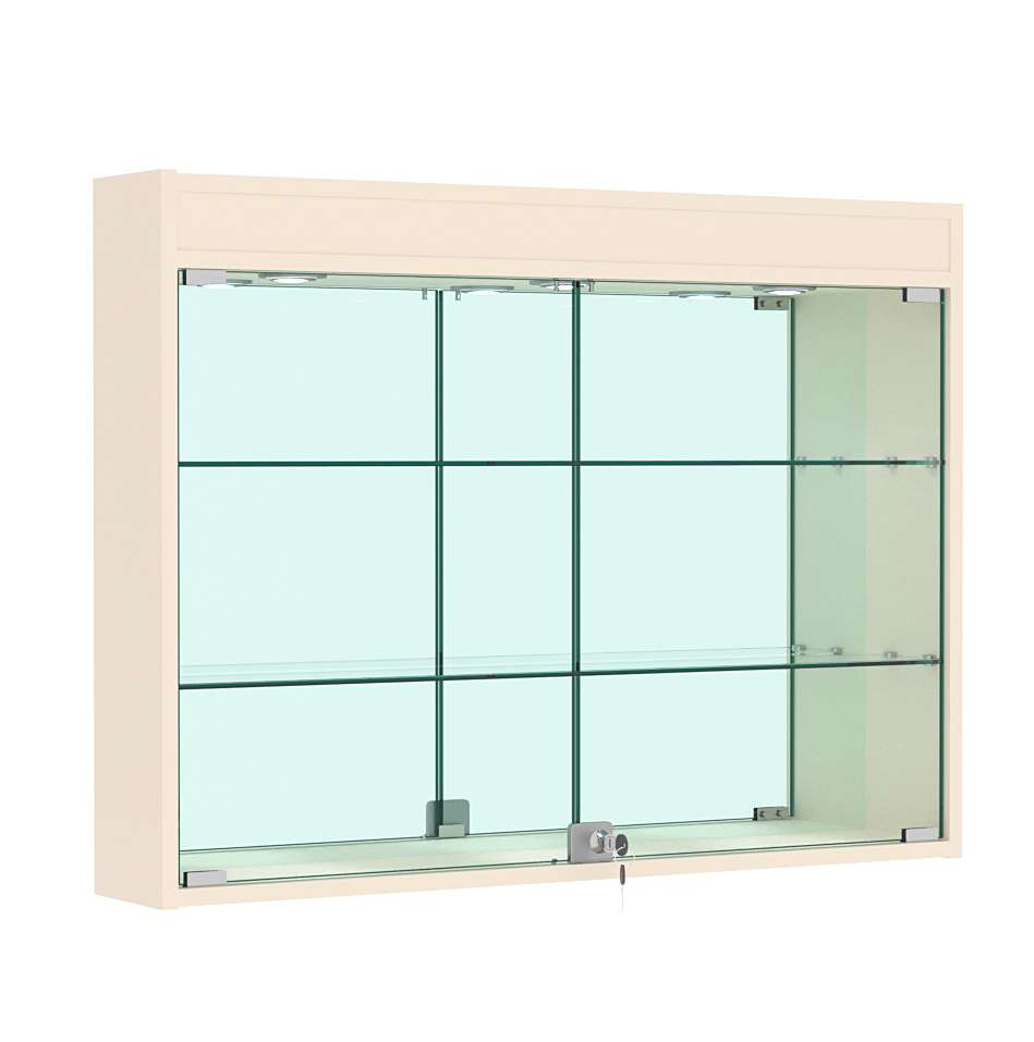 Витрина настенная №3-4А зеркальная с двумя широкими полками и фризом Крем Вайс