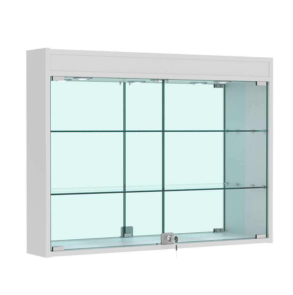 Витрина настенная №3-4А зеркальная с двумя широкими полками и фризом Серый