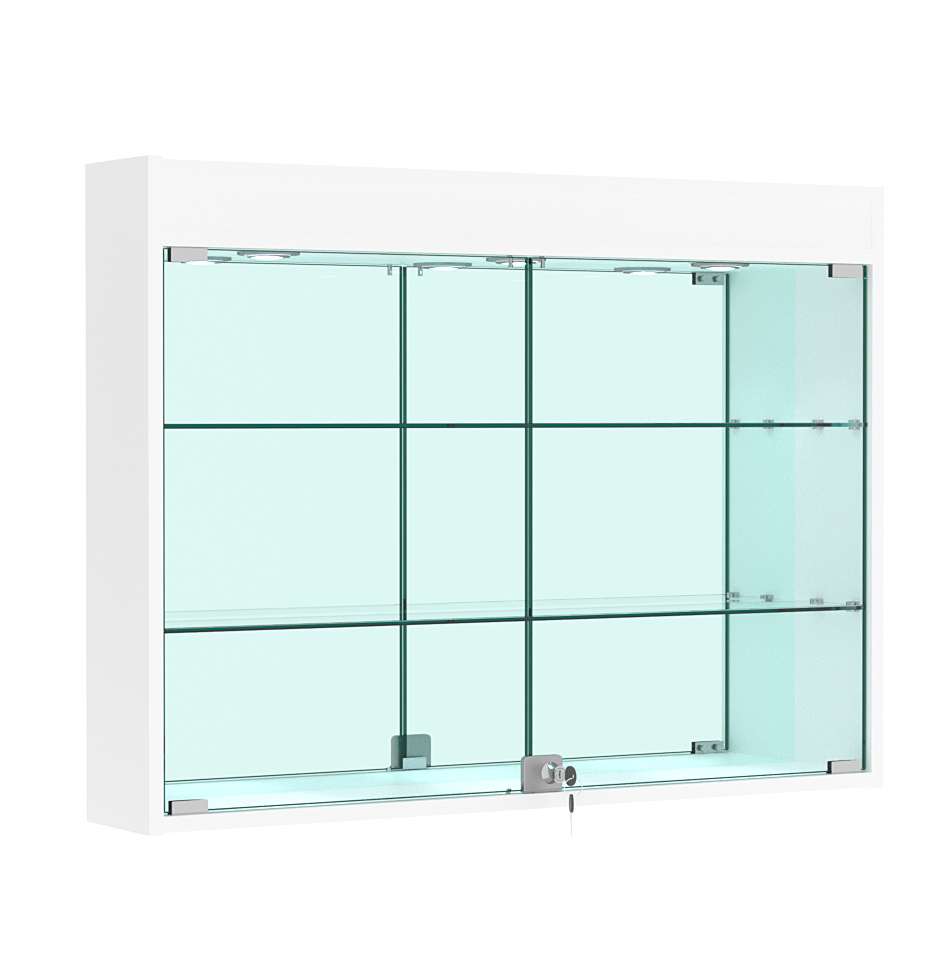 Витрина настенная №3-4А зеркальная с двумя широкими полками и фризом Белый