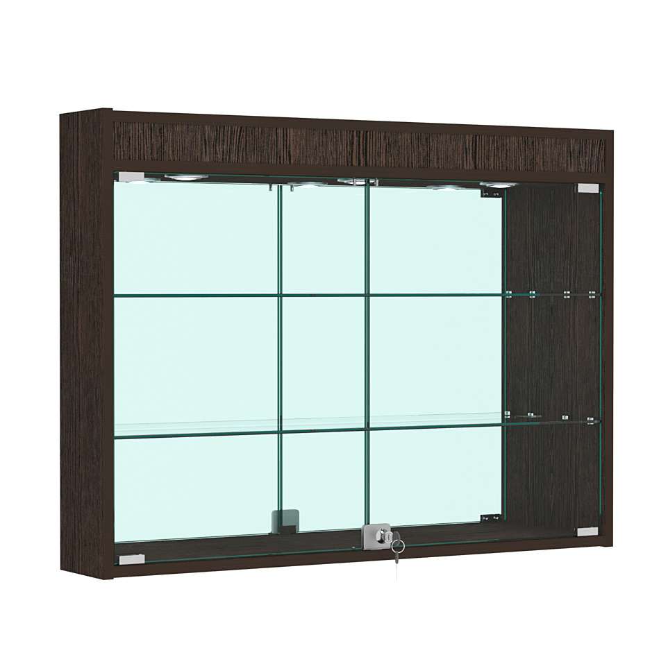 Витрина настенная №3-4А зеркальная с двумя широкими полками и фризом Дуб Венге