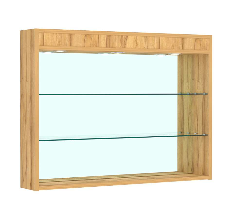 Витрина настенная №3-4Г зеркальная без дверей со стеклянными полками и верхней подсветкой Дуб Золотистый