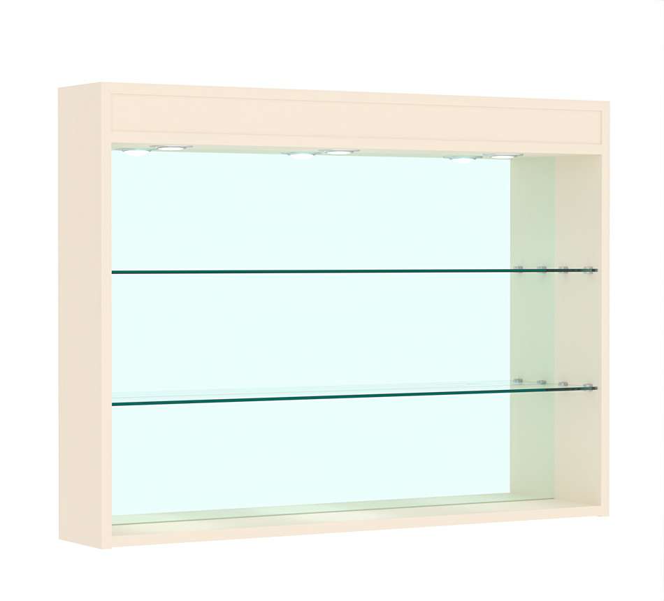 Витрина настенная №3-4Г зеркальная без дверей со стеклянными полками и верхней подсветкой Крем Вайс