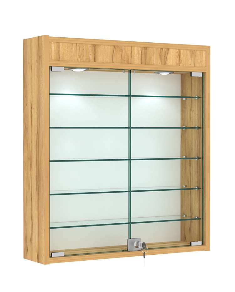 Витрина настенная №1-7А демонстрационная с пятью полками из стекла и верхней подсветкой Дуб Золотистый