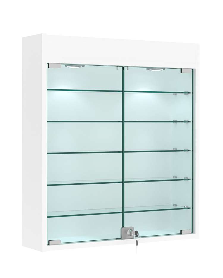 Витрина настенная №1-7А демонстрационная с пятью полками из стекла и верхней подсветкой Белый