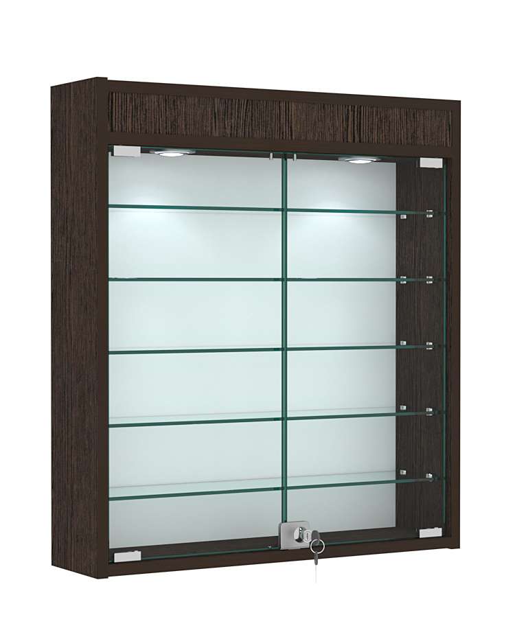 Витрина настенная №1-7А демонстрационная с пятью полками из стекла и верхней подсветкой Дуб Венге