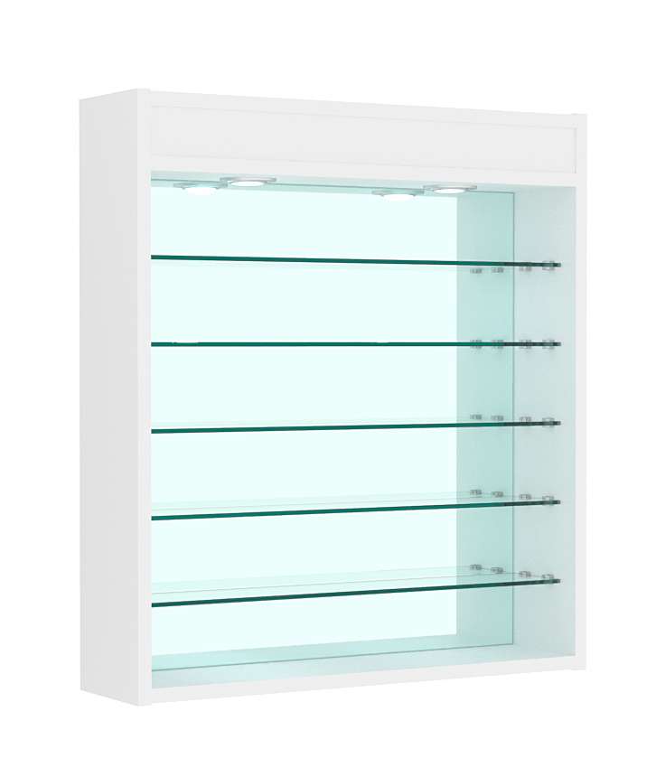 Витрина настенная №1-8Г открытая с пятью узкими полками, подсветкой и зеркалом Белый