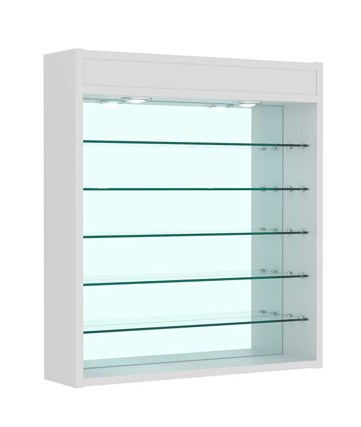 Витрина настенная №1-8Г открытая с пятью узкими полками, подсветкой и зеркалом Серый