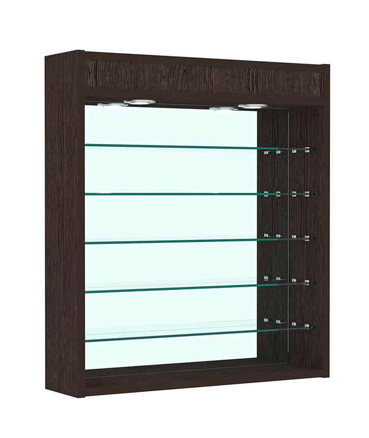 Витрина настенная №1-8Г открытая с пятью узкими полками, подсветкой и зеркалом Дуб Венге