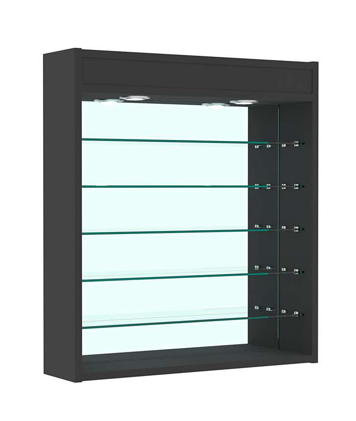 Витрина настенная №1-8Г открытая с пятью узкими полками, подсветкой и зеркалом Черный