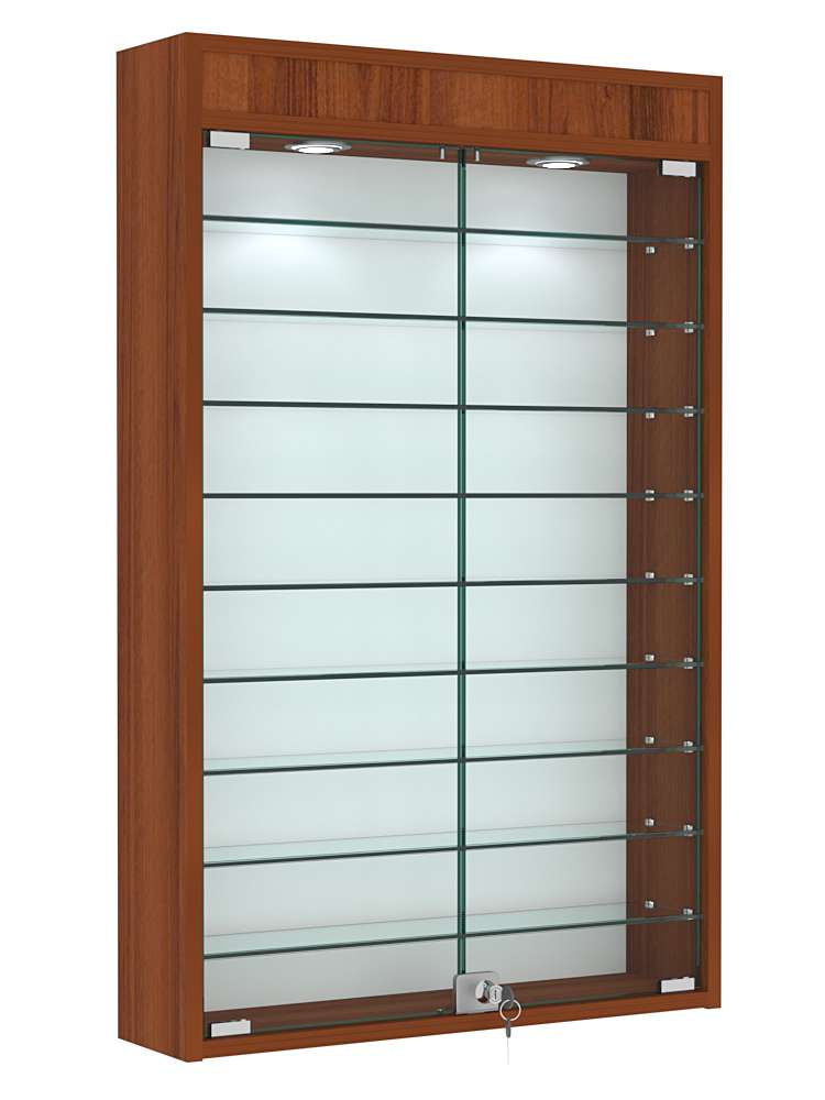 Витрина настенная №2-7А высокая с девятью полками и подсветкой Орех