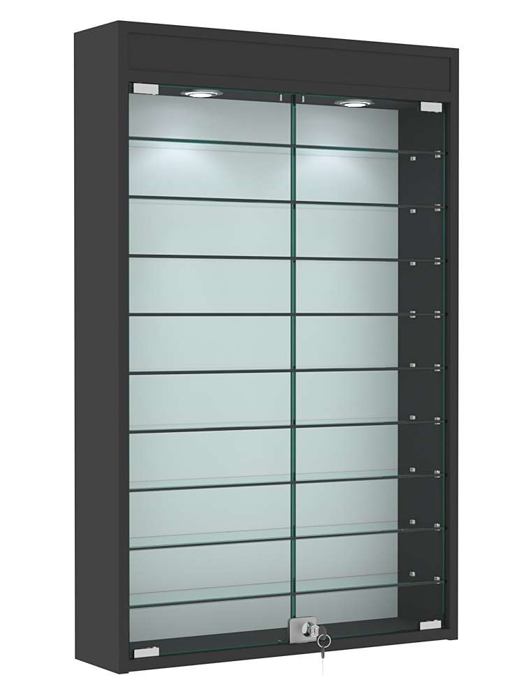 Витрина настенная №2-7А высокая с девятью полками и подсветкой Черный