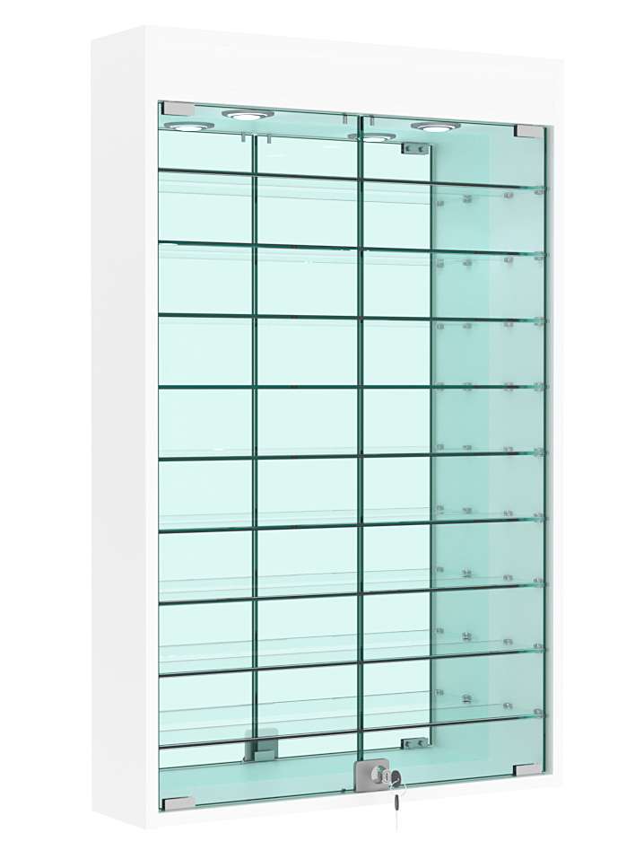 Витрина настенная №2-8А высокая с девятью полками, зеркалом и подсветкой Белый