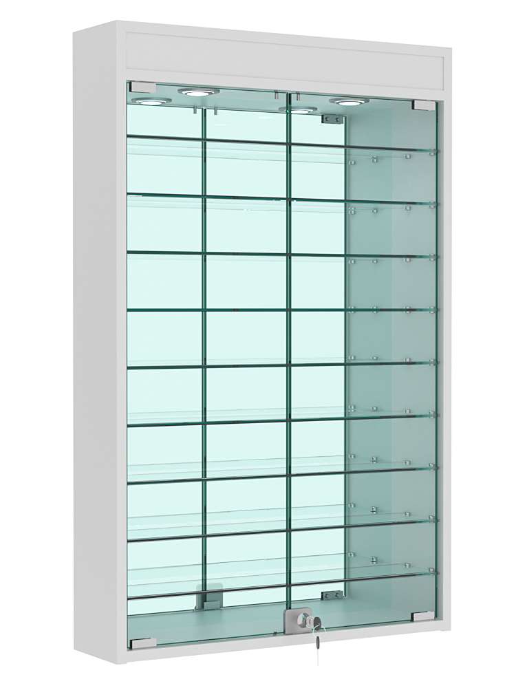 Витрина настенная №2-8А высокая с девятью полками, зеркалом и подсветкой Серый