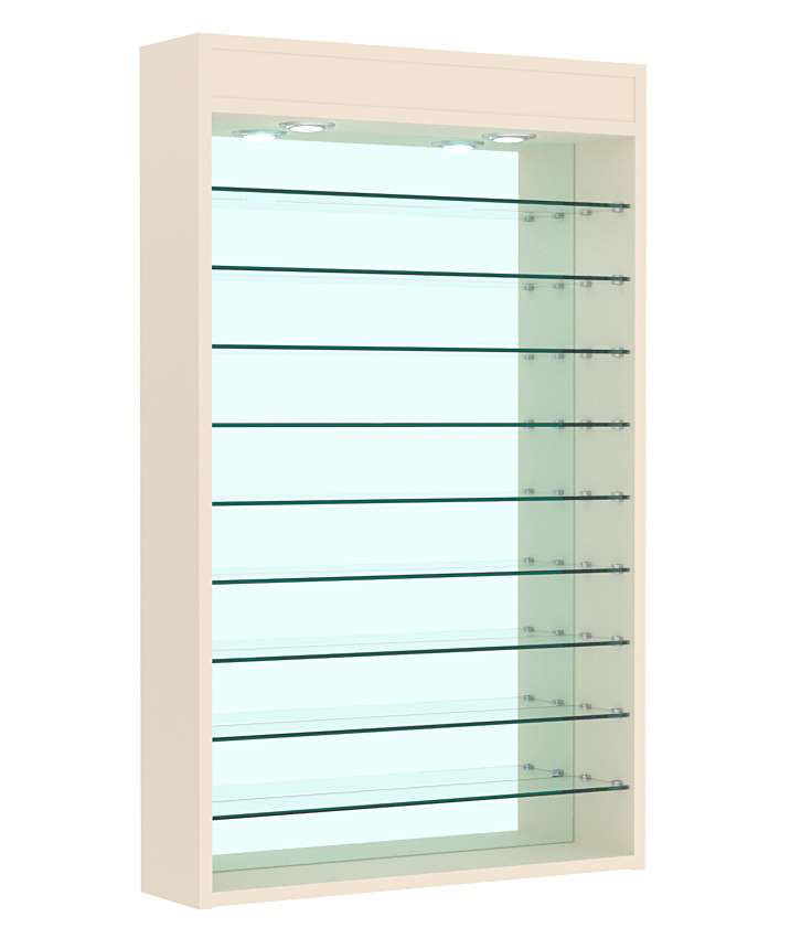 Витрина настенная №2-8Г открытая с девятью полками и зеркальной стенкой Крем Вайс