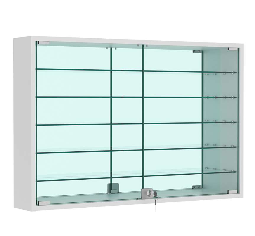 Витрина настенная №3-6А широкая зеркальная с пятью стеклянными полками Серый