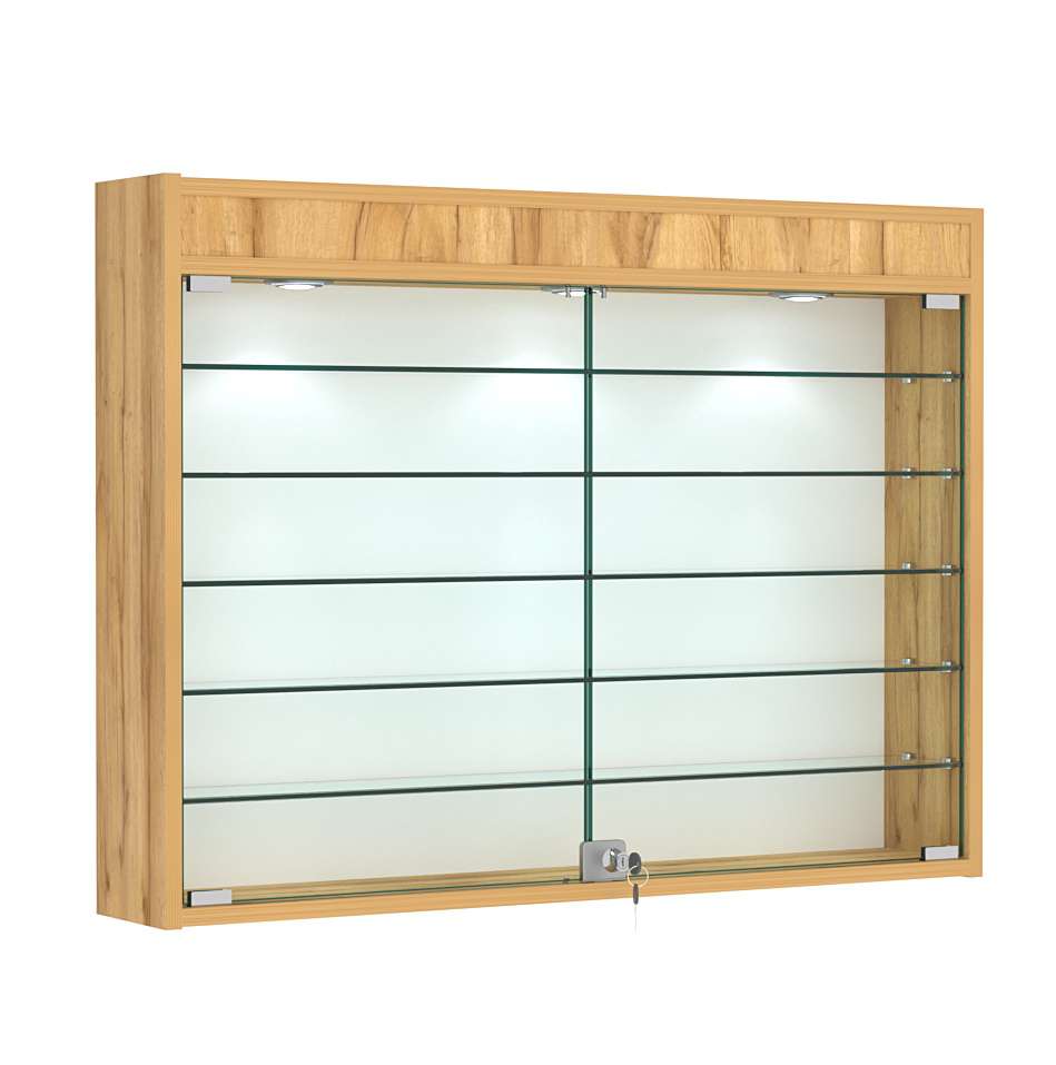 Витрина настенная №3-7А широкая с фризом и пятью стеклянными полками Дуб Золотистый