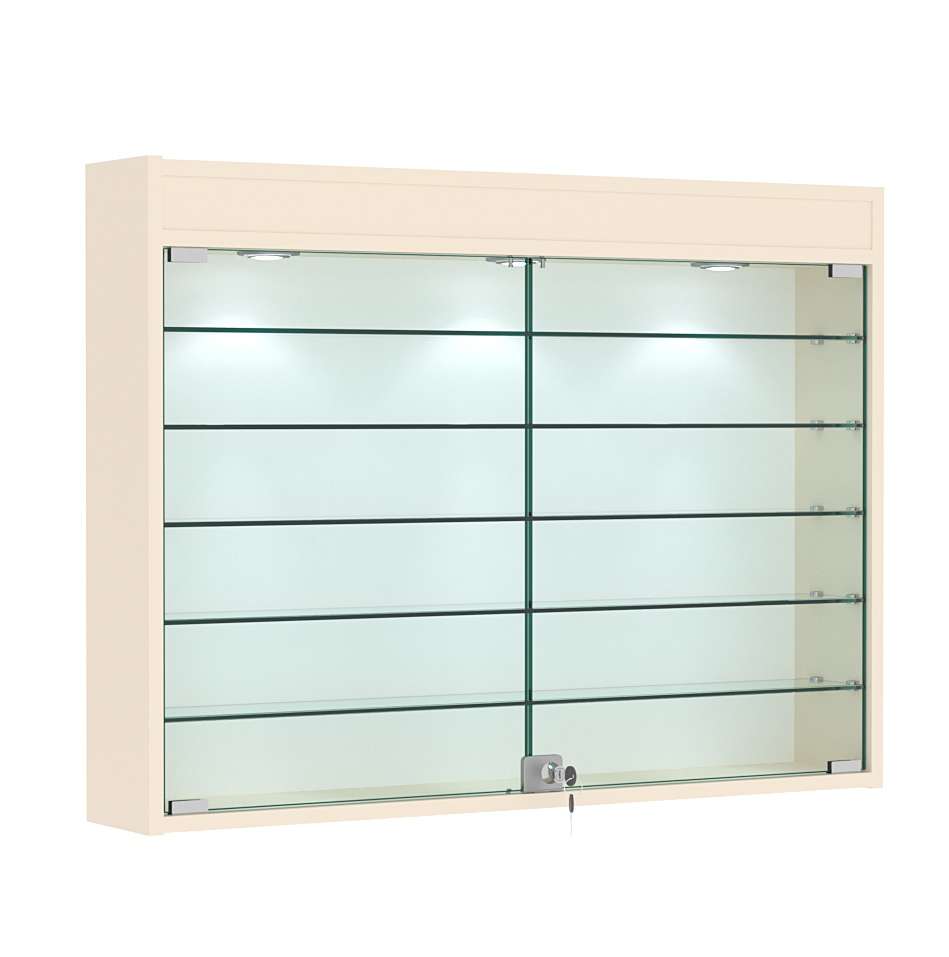 Витрина настенная №3-7А широкая с фризом и пятью стеклянными полками Крем Вайс