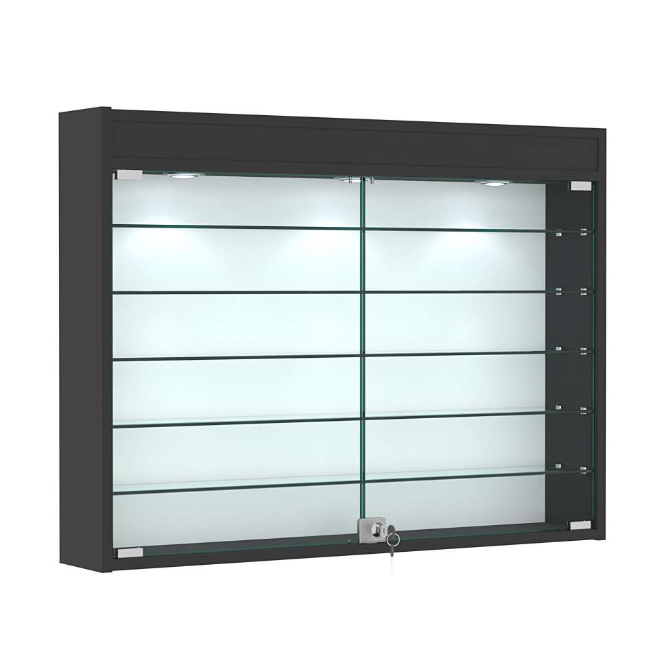 Витрина настенная №3-7А широкая с фризом и пятью стеклянными полками Черный