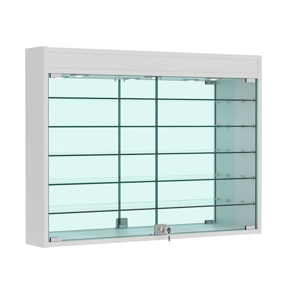 Витрина настенная №3-8А широкая с подсветкой, стеклянными полками и зеркалом Серый