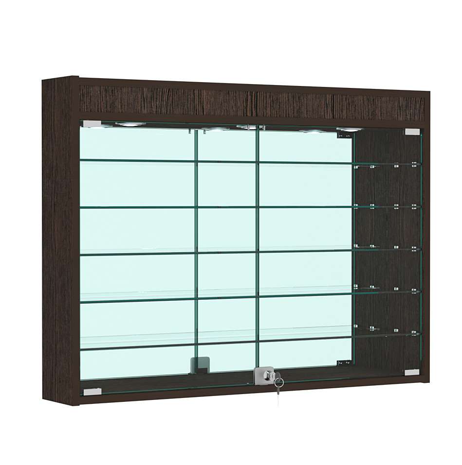 Витрина настенная №3-8А широкая с подсветкой, стеклянными полками и зеркалом Дуб Венге