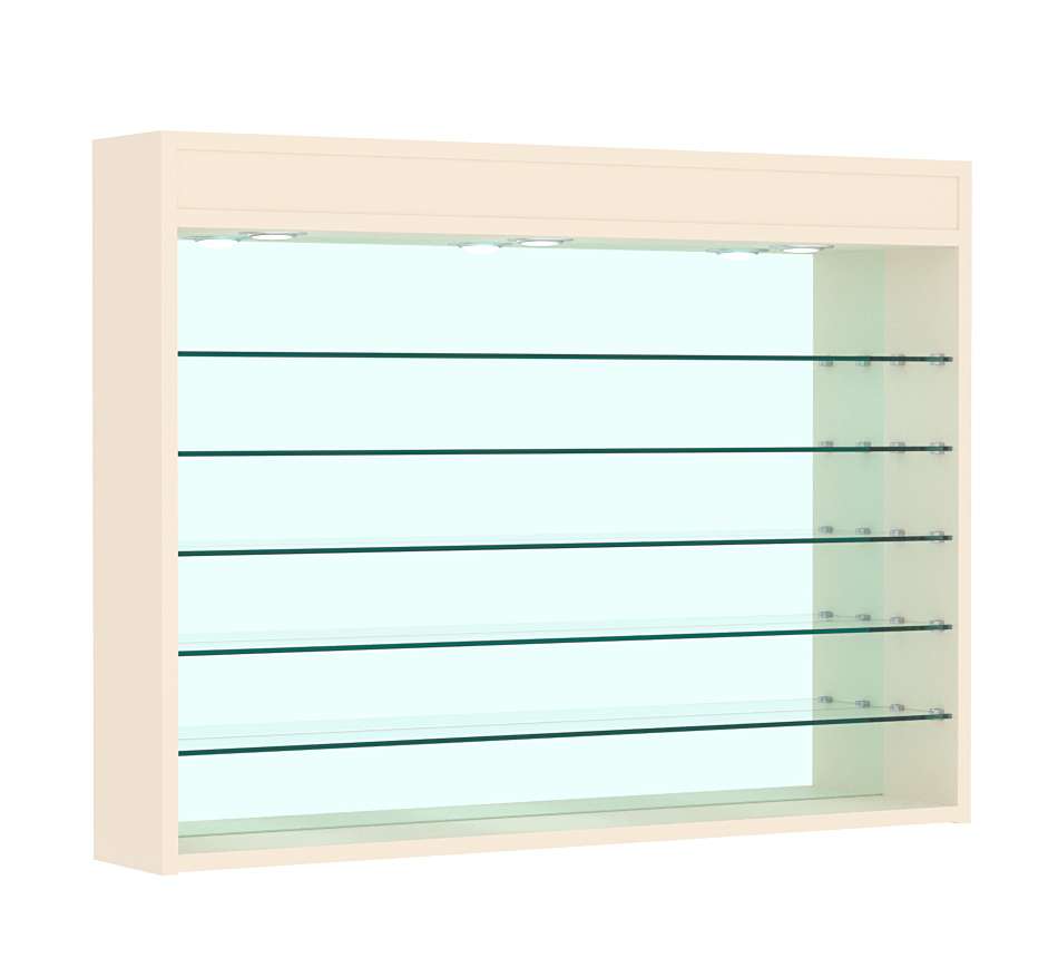 Витрина настенная №3-8Г открытая с пятью полками, зеркалом и подсветкой Крем Вайс