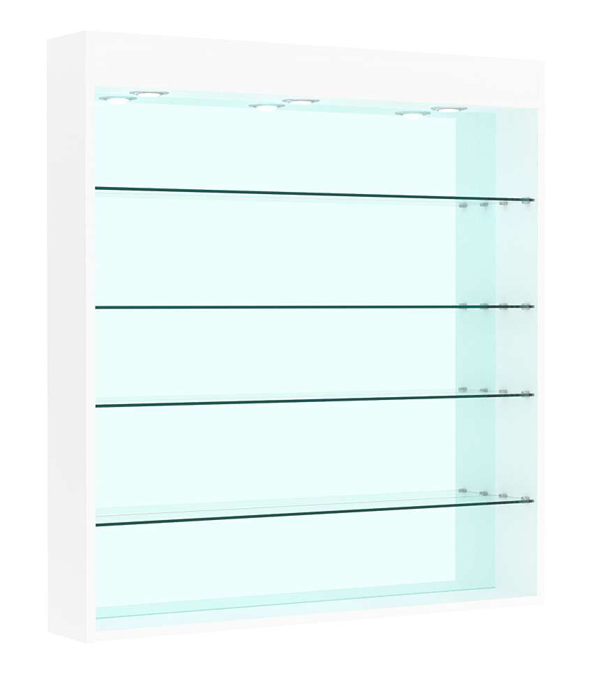 Витрина настенная №4-4Г зеркальная с прозрачными полками и подсветкой Белый