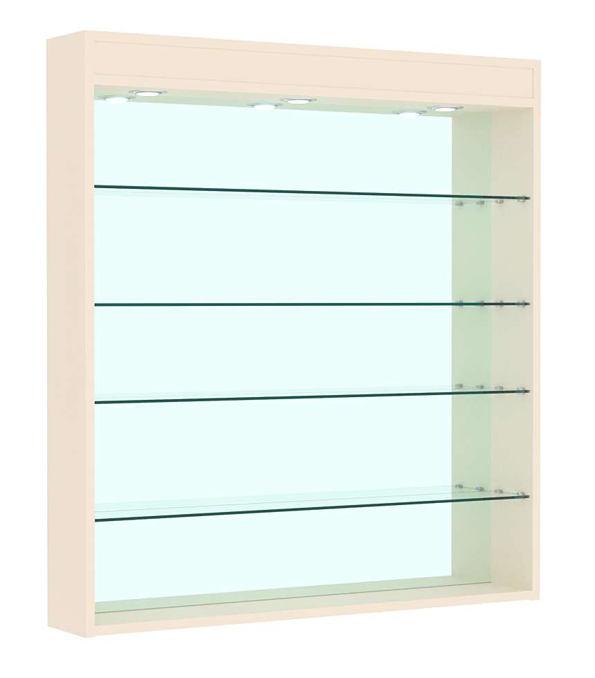 Витрина настенная №4-4Г зеркальная с прозрачными полками и подсветкой Крем Вайс