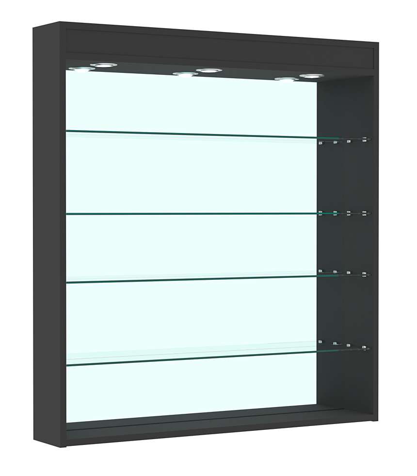 Витрина настенная №4-4Г зеркальная с прозрачными полками и подсветкой Черный