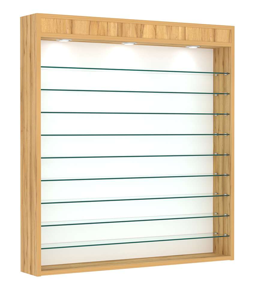 Витрина настенная №4-7Г открытая с фризом и девятью полками из стекла Дуб Золотистый