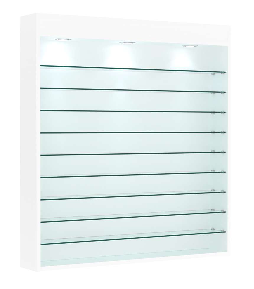 Витрина настенная №4-7Г открытая с фризом и девятью полками из стекла Белый