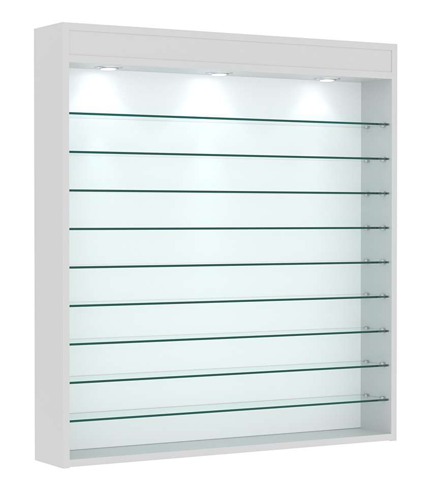 Витрина настенная №4-7Г открытая с фризом и девятью полками из стекла Серый