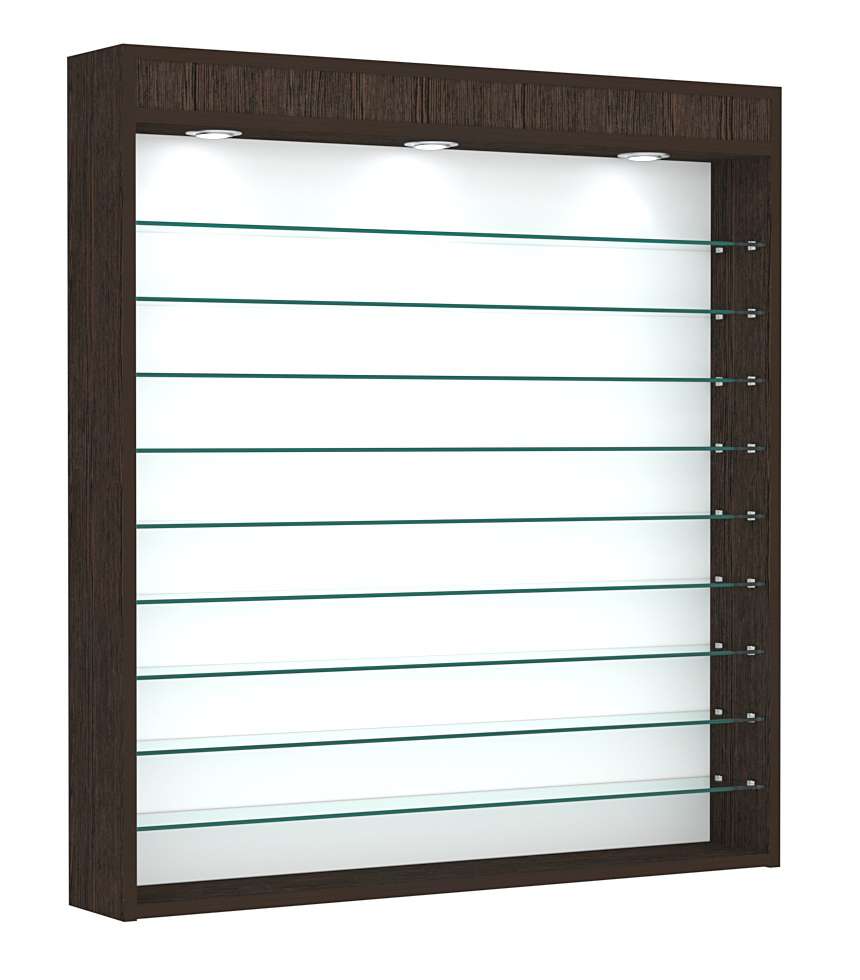 Витрина настенная №4-7Г открытая с фризом и девятью полками из стекла Дуб Венге