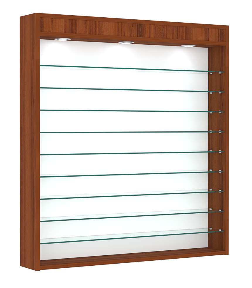 Витрина настенная №4-7Г открытая с фризом и девятью полками из стекла Орех