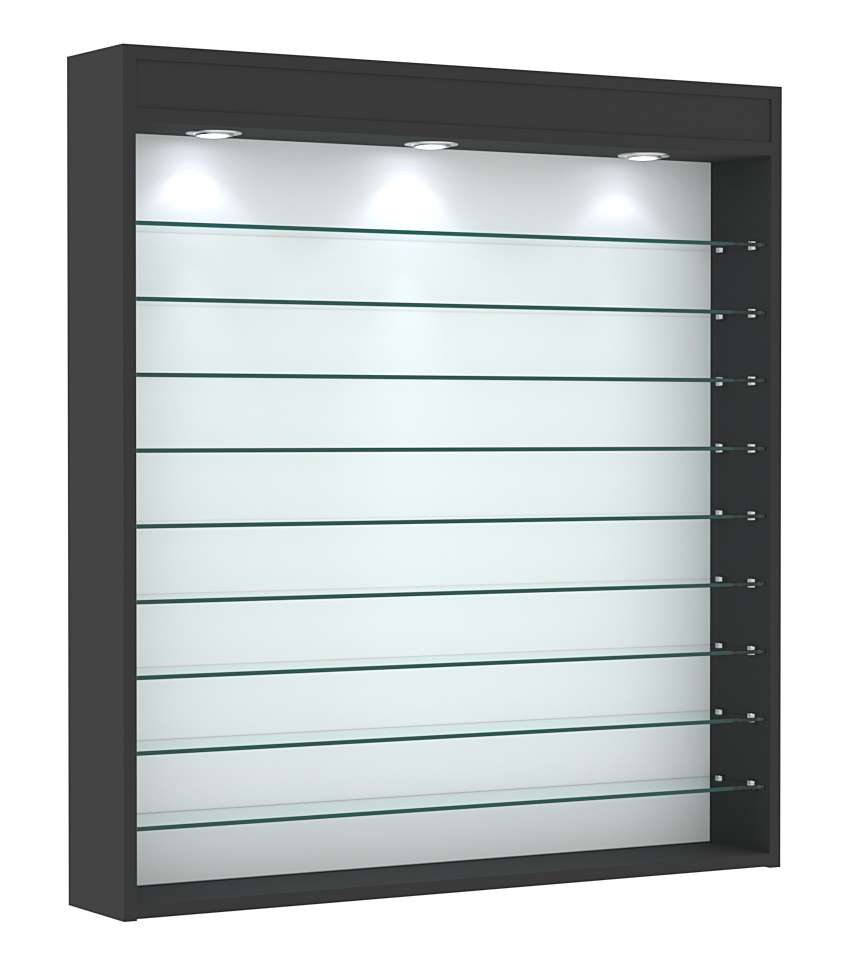 Витрина настенная №4-7Г открытая с фризом и девятью полками из стекла Черный