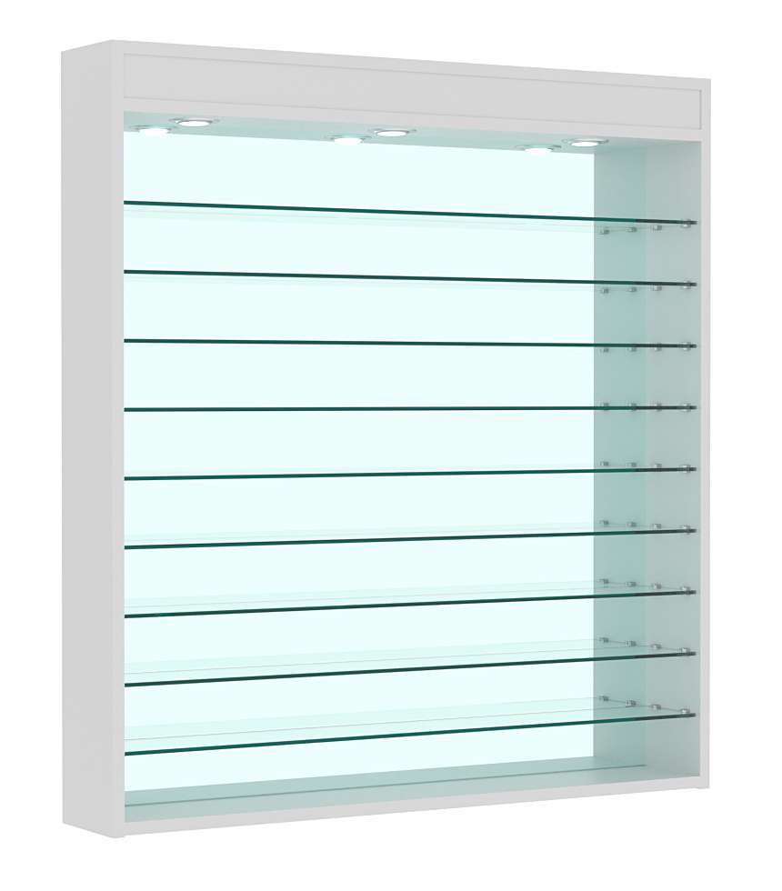 Витрина настенная №4-8Г зеркальная без дверей с фризом и девятью полками Серый