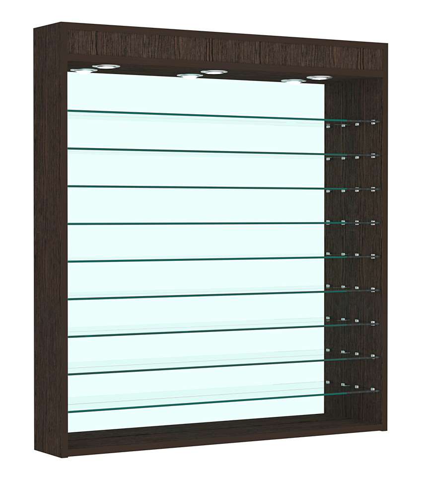 Витрина настенная №4-8Г зеркальная без дверей с фризом и девятью полками Дуб Венге