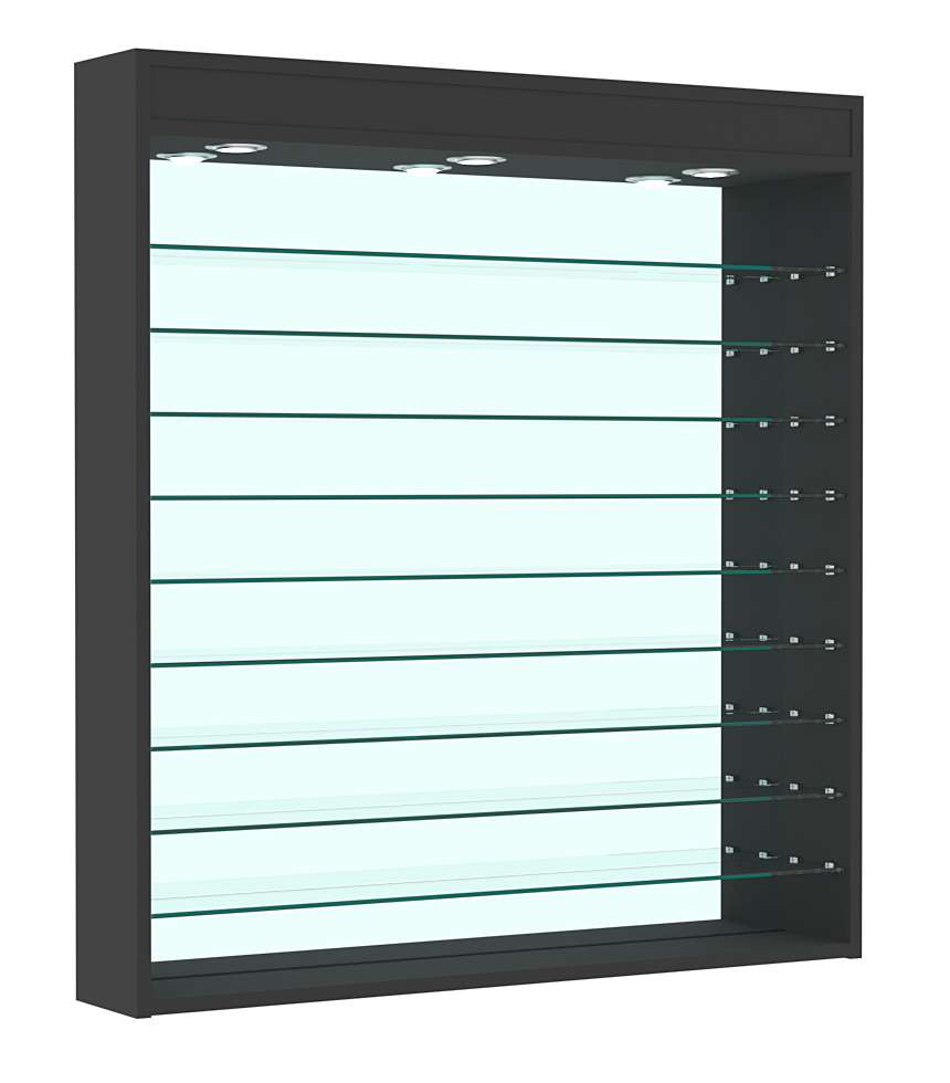 Витрина настенная №4-8Г зеркальная без дверей с фризом и девятью полками Черный