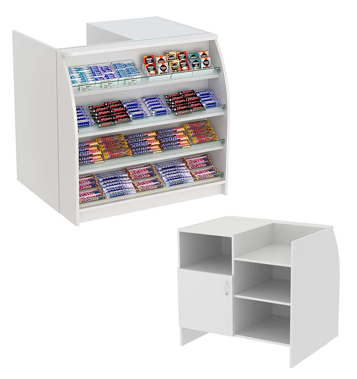 Торговый кассовый прилавок импульсных покупок с наклонными полками со стеклянными бортиками Импульс №1-3-900 Серый