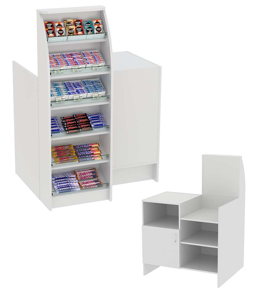 Торговый кассовый прилавок с шестью узкими наклонными полками для выкладки товаров импульсных покупок Импульс №2-3-450 Серый