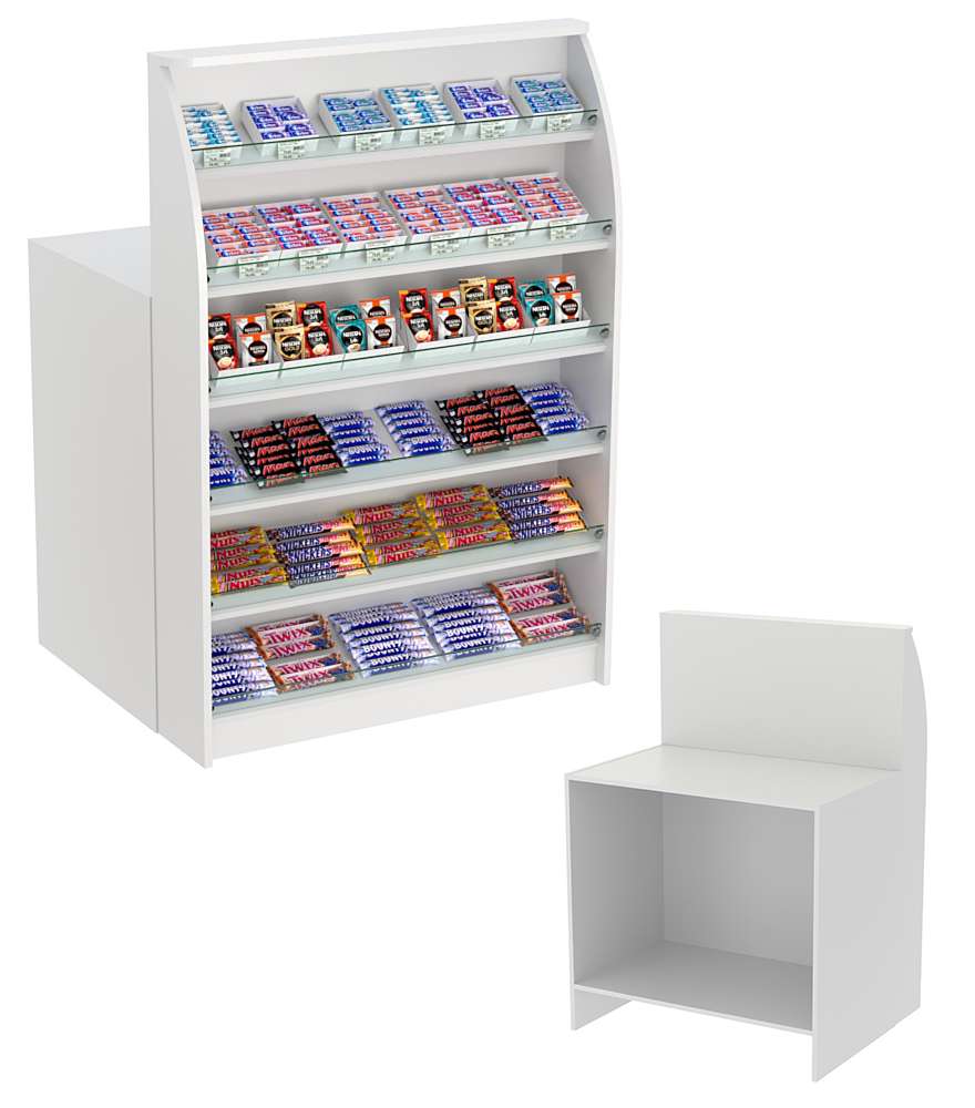 Торговый кассовый прилавок импульсных покупок с высоким фасадным стеллажом Импульс №2-1-900 Серый