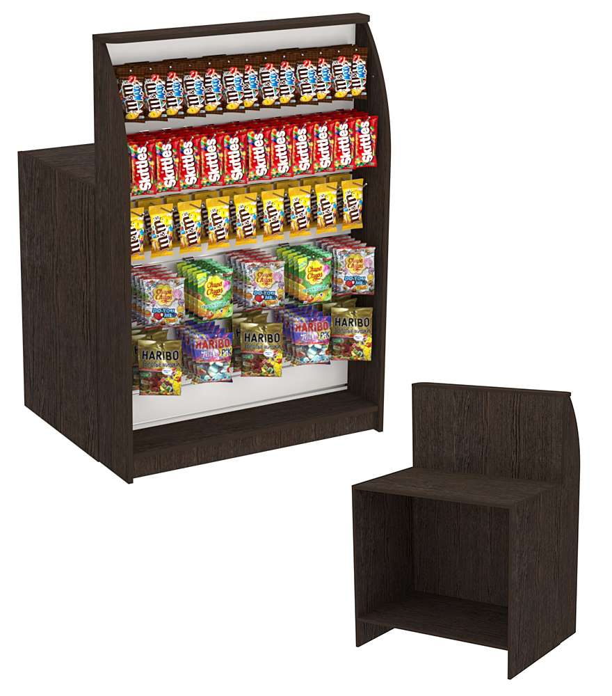 Высокий торговый кассовый прилавок под вывеску товаров импульсных покупок Импульс №2-2-900 Дуб Венге