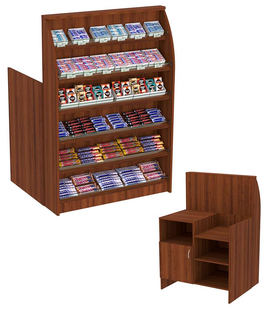 Торговый кассовый прилавок с наклонными полками под выкладку товаров импульсных покупок Импульс №2-3-900 Орех