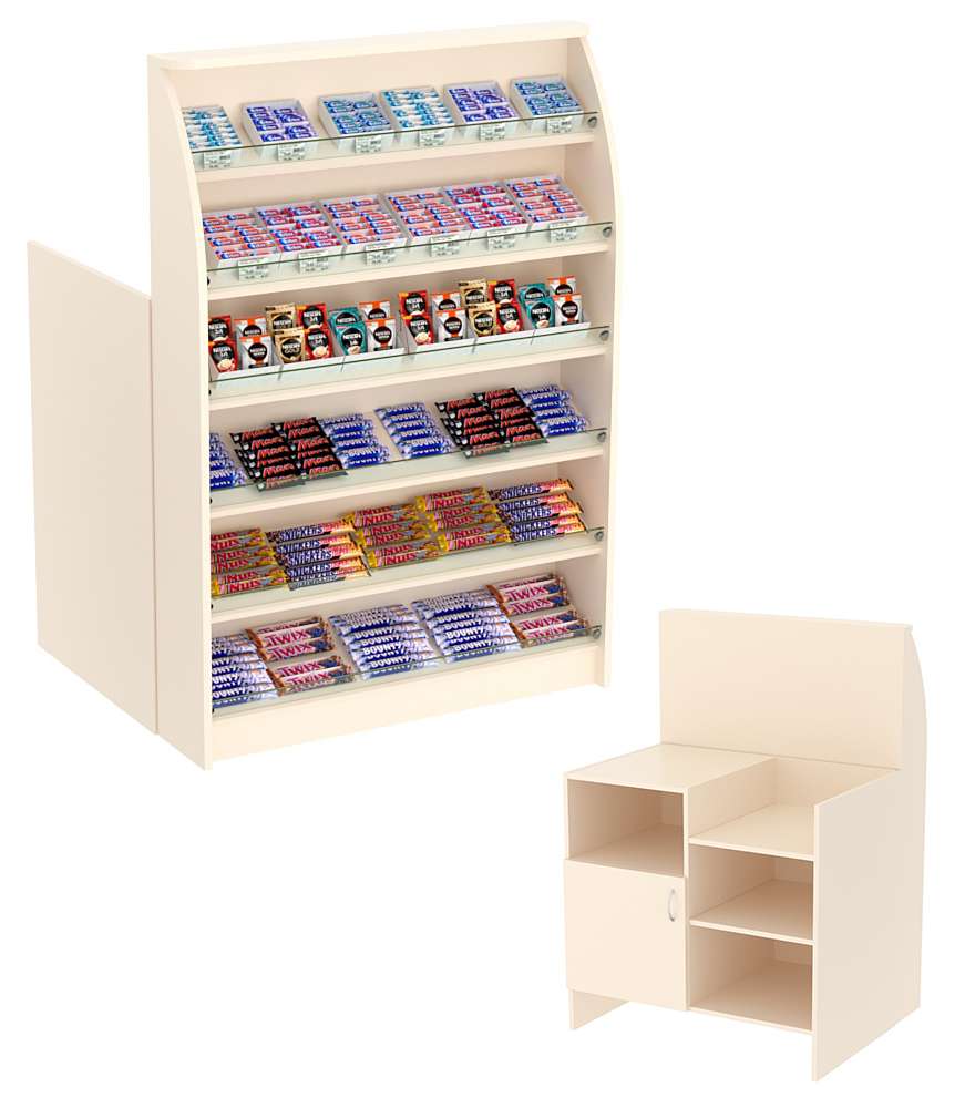 Торговый кассовый прилавок с наклонными полками под выкладку товаров импульсных покупок Импульс №2-3-900 Крем Вайс