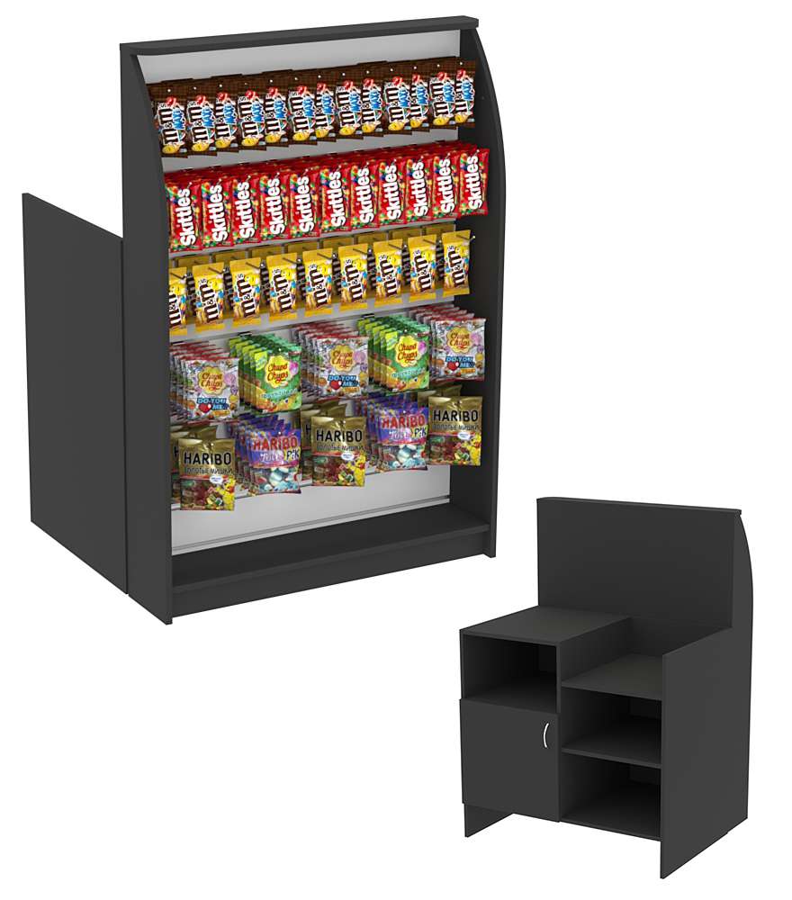 Торговый кассовый прилавок импульсных покупок высокий с широкой экономпанелью Импульс №2-4-900 Черный