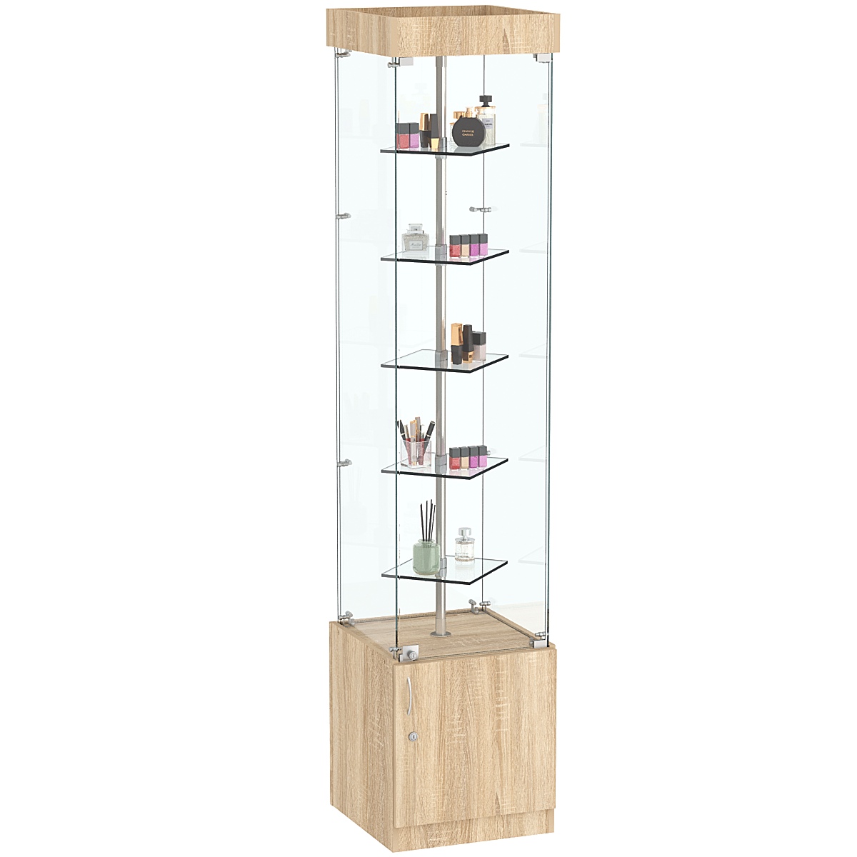 Стеклянная торговая витрина с пятью прозрачными полками Фрактал №2-1 Дуб сонома