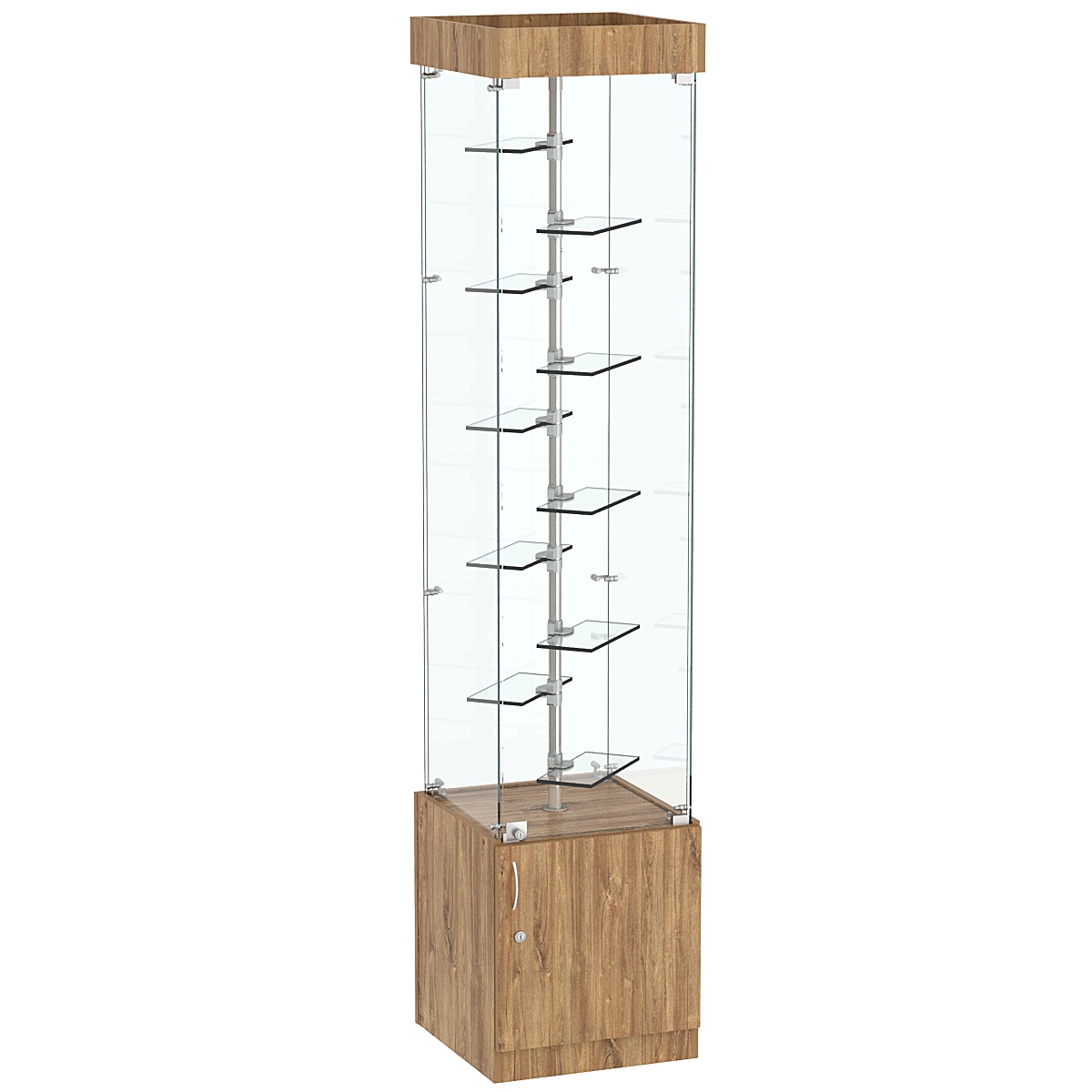 Квадратная стеклянная торговая витрина с маленькими прозрачными полочками Фрактал №2-2 Дуб канзас коричневый Н1113 ST10