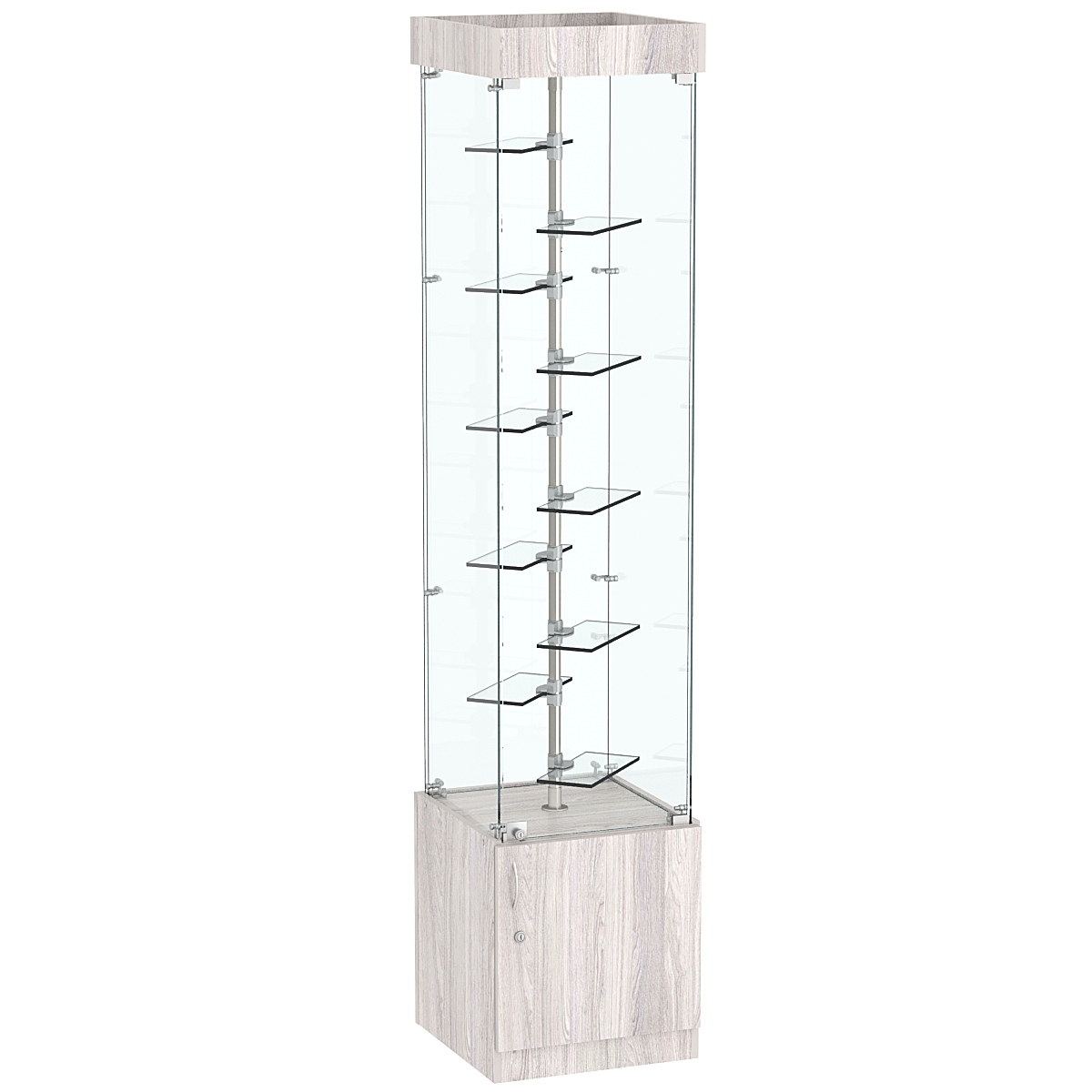 Квадратная стеклянная торговая витрина с маленькими прозрачными полочками Фрактал №2-2 Ясень Анкор светлый - U31104