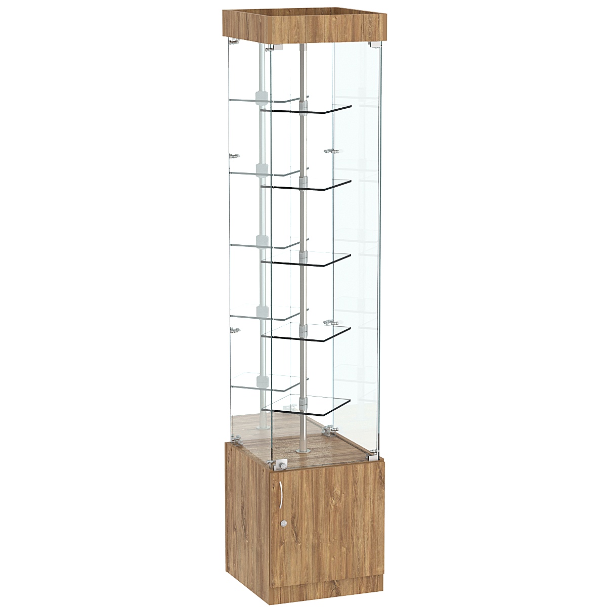 Стеклянная торговая витрина малая с зеркальной стенкой и двойными полками из прозрачного стекла Фрактал №4-1 Дуб канзас коричневый Н1113 ST10